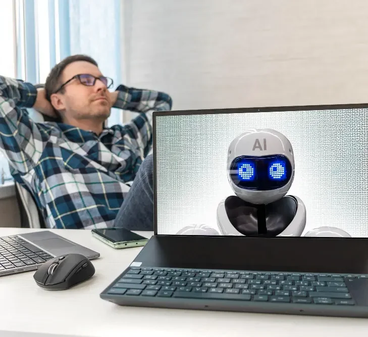 Ein entspannter Mensch vor einem Laptop mit einem Roboter, der "AI" anzeigt.