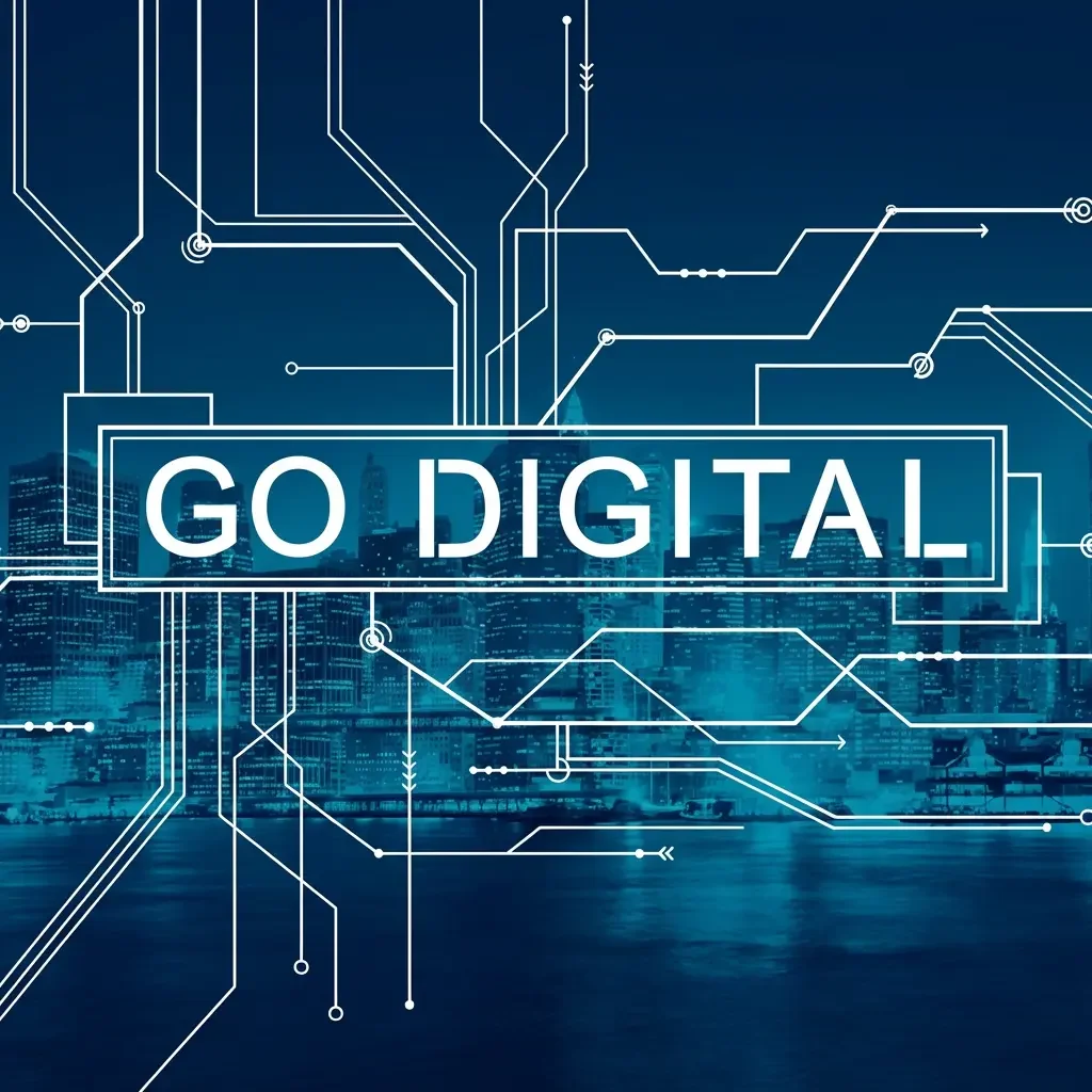 Blaues Hintergrunddesign mit dem Text "GO DIGITAL" und digitalen Linienmustern.