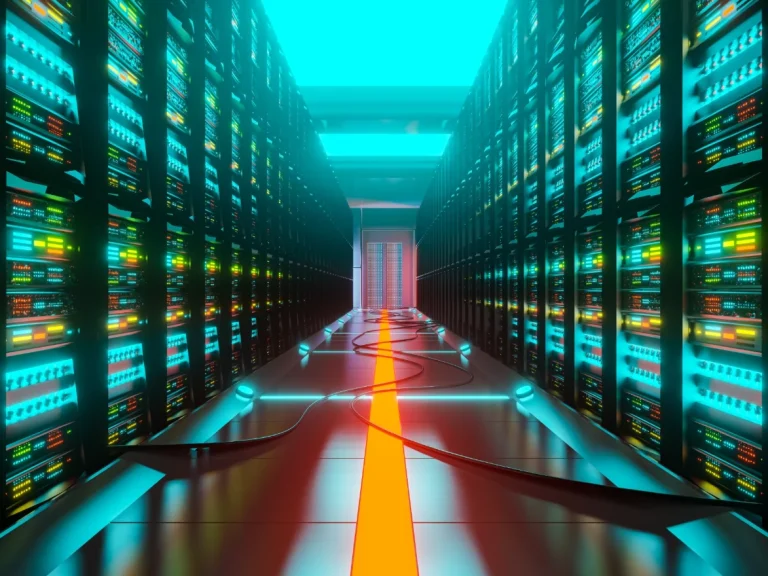 Datacenter-Gang mit leuchtenden Serverracks und einem pulsierenden, orangefarbenen Lichtstreifen.