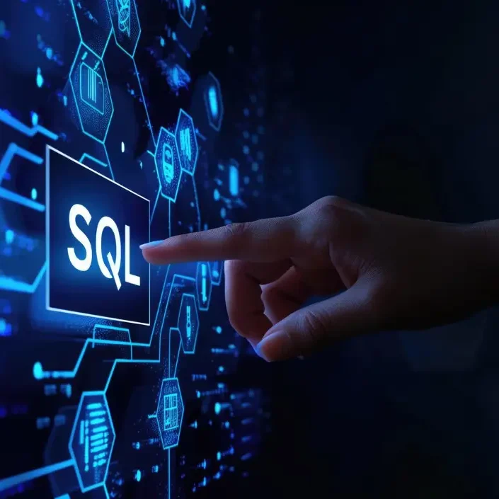 Hand, die auf ein leuchtendes SQL-Symbol in einem digitalen Netzwerk zeigt.