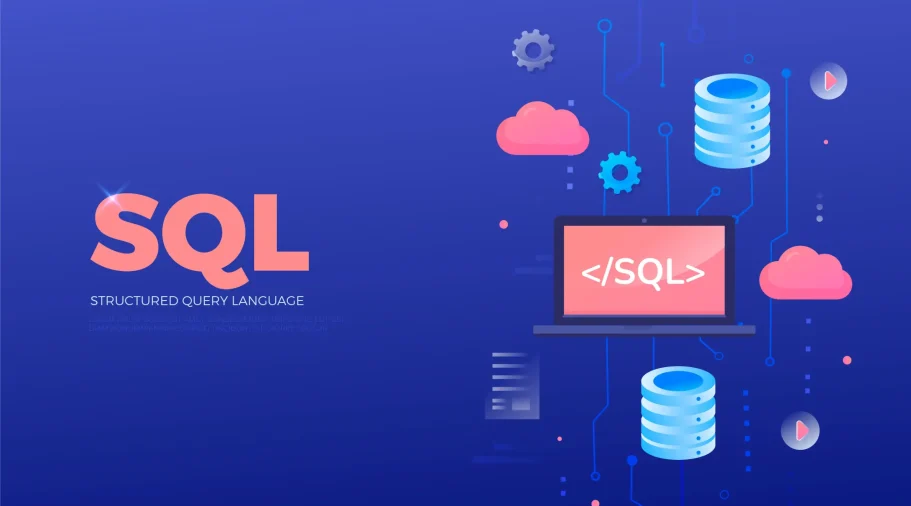 Prüfen Laptop mit SQL-Symbol und Datenbank-Icons auf lila Hintergrund.