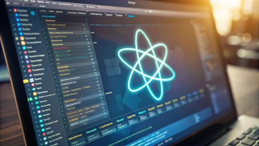 Prozess-Optimierung Laptop-Bildschirm mit Programmcode und einem leuchtenden Atom-Symbol.