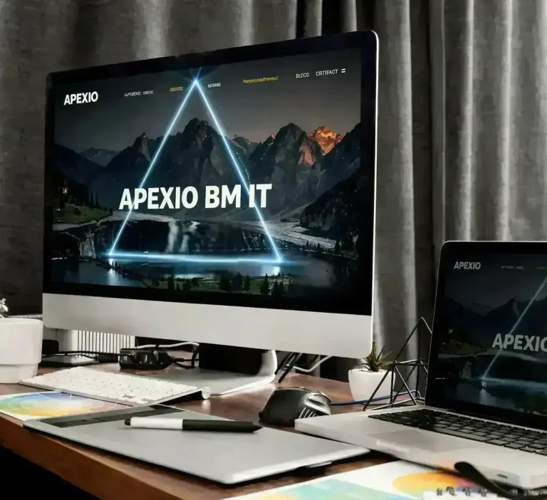 Ein Schreibtisch mit zwei Computern zeigt eine moderne, technische Website.