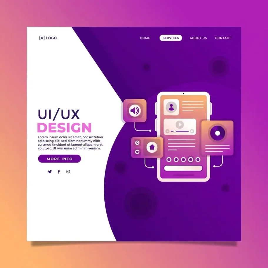 Moderne UI/UX-Design-Website mit Icons und einem Smartphone-Layout auf buntem Hintergrund.