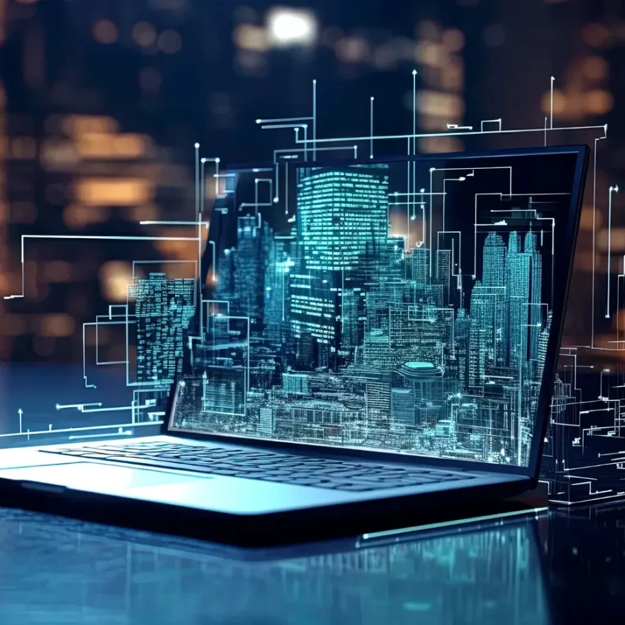 Laptop mit 3D-Stadtansicht und digitalen Grafiken im Hintergrund.