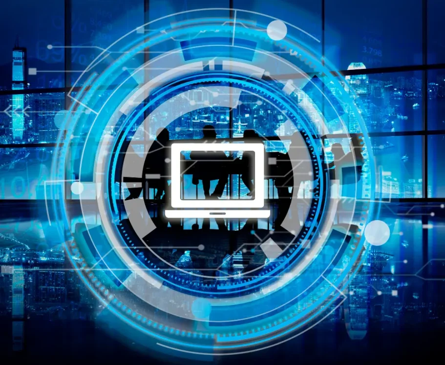 Sicherheit und Langzeitstabilität Futuristische Grafik mit Computer und digitalen Daten in Blau und Schwarz.