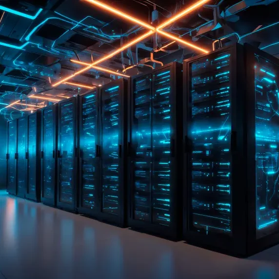 Dunkler Serverraum mit leuchtenden blauen und orangen Kabeln und mehreren Serverracks.