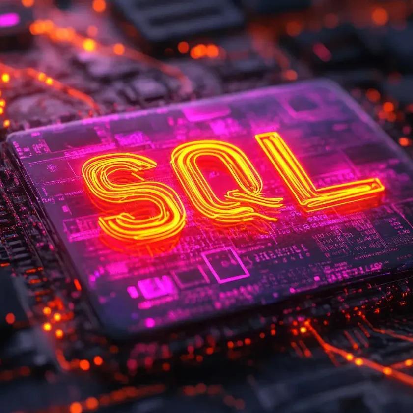 Leuchtender SQL-Text über einem Grafikprozessor-Hintergrund in lebendigen Farben.