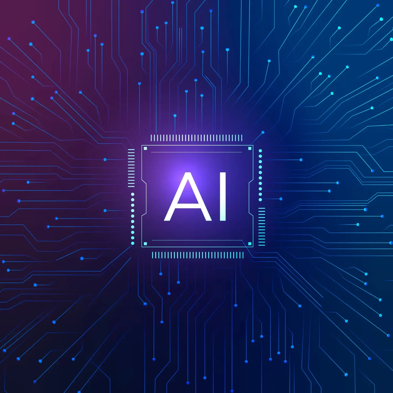 Symbol für Künstliche Intelligenz umgeben von digitalen Schaltkreisen.