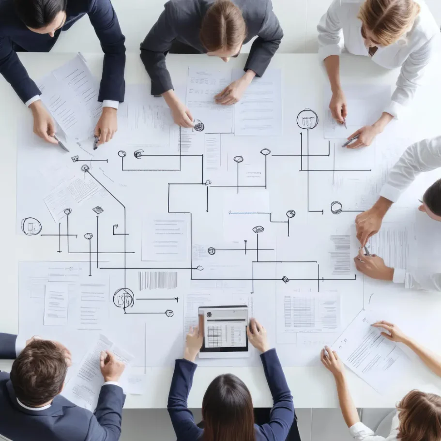 Strategische Bedarfsanalyse Gruppensitzung mit Diagrammen und Plänen auf einem Tisch.