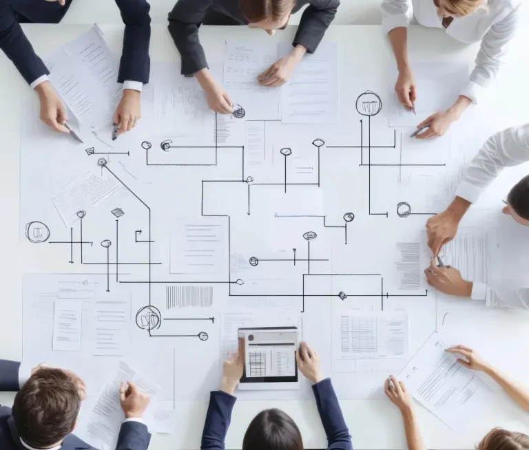 APEXIO BM IT: Netzwerklösungen Gruppenarbeit mit Diagrammen und Notizen auf einem Tisch, mehrere Hände sichtbar.