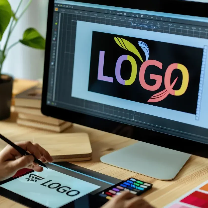 Entwurf eines bunten Logos auf einem Computerbildschirm und einem Grafiktablet.