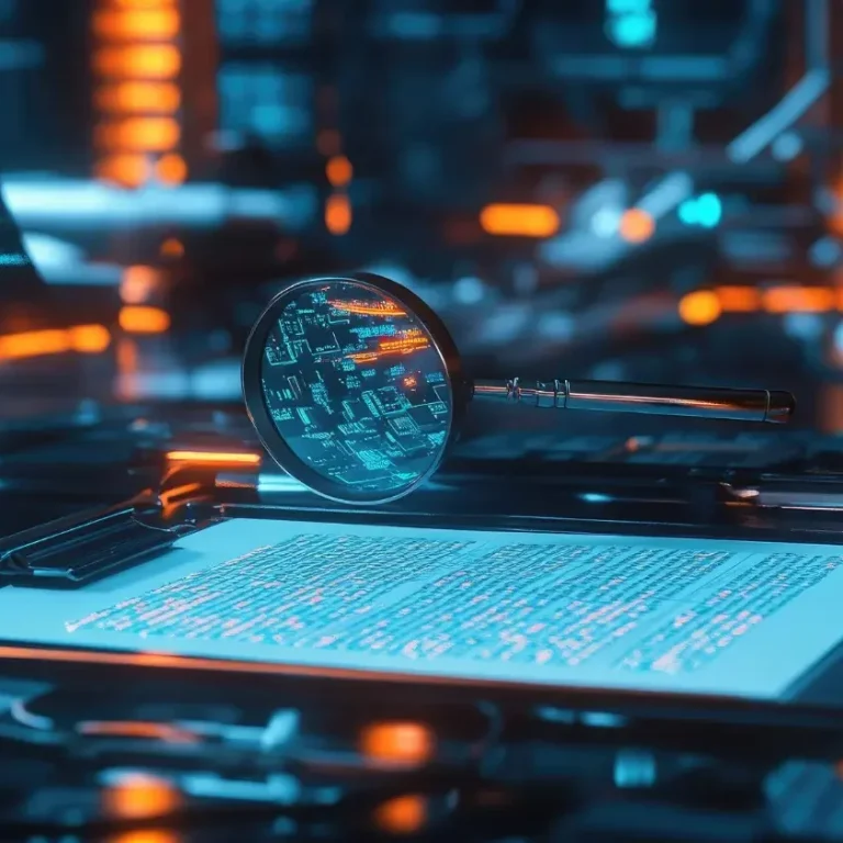 Vergrößerungsglas über einem Hintergrund mit leuchtenden, technischen Daten.