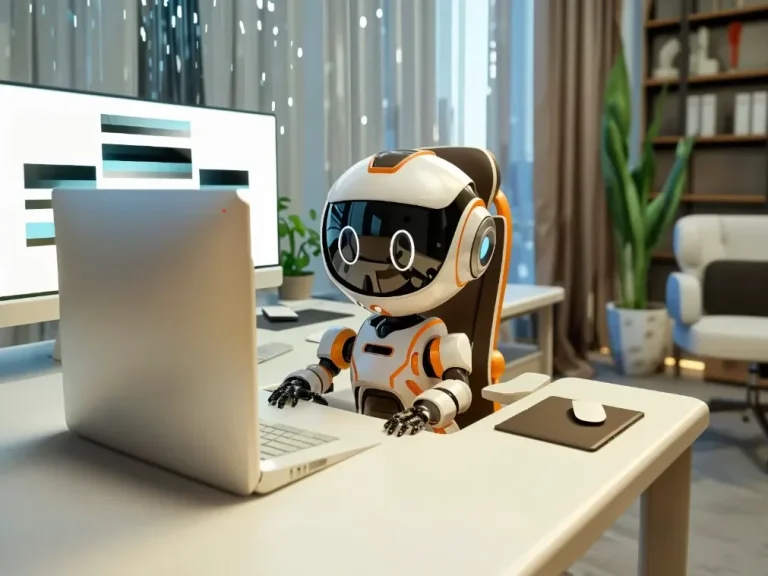 Ein kleiner Roboter sitzt am Schreibtisch und arbeitet am Laptop in einem modernen Raum.
