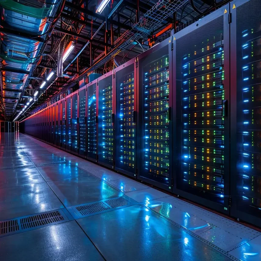 Serverraum mit beleuchteten Rack-Servern und bunten LED-Leuchten.