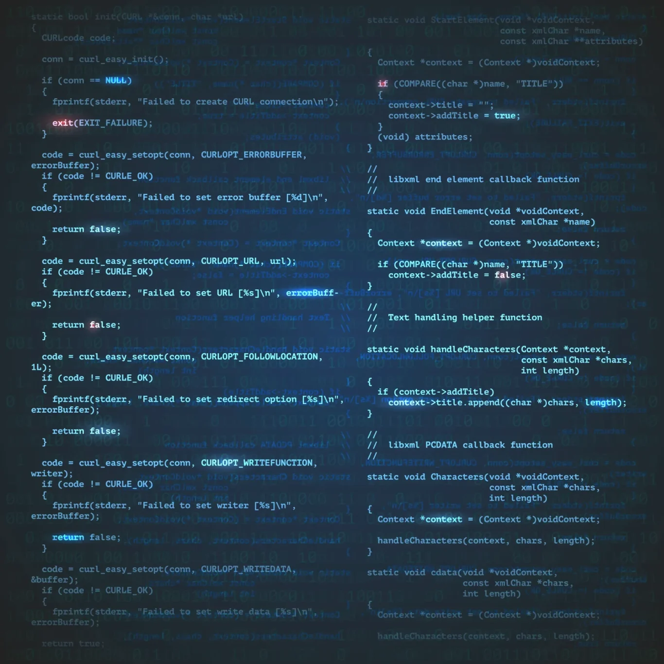 Codezeilen auf einem dunklen Bildschirm mit blauen und roten Schriftzeichen.