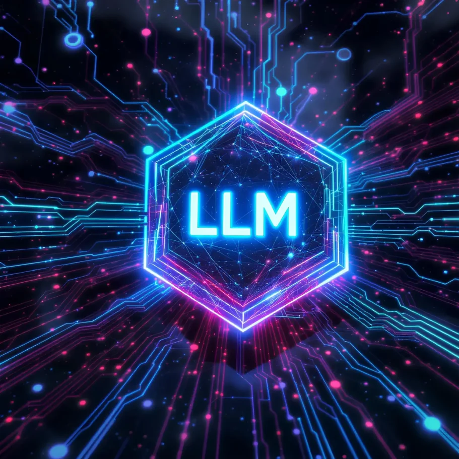 Abstrakte digitale Grafik mit dem Text "LLM" in einem leuchtenden Hexagon.