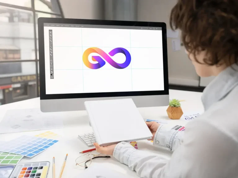 Eine Person betrachtet einen Computerbildschirm mit einem bunten Unendlichkeitssymbol.